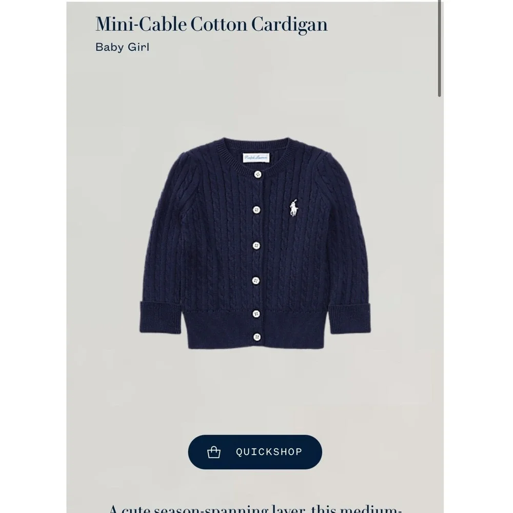 Ralph Lauren Baby Girl 9M Hunter Navy Cardigan NEW Mini-Cable Cotton Knit Pony